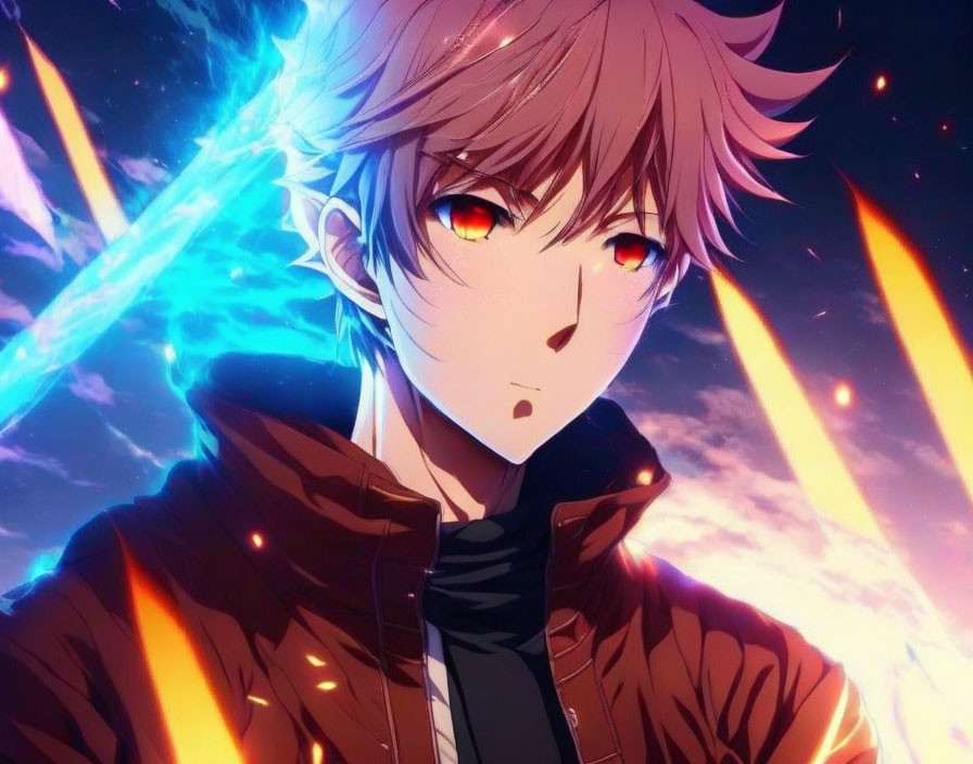 Spiky Brown-Haired Anime Character in Dark Jacket