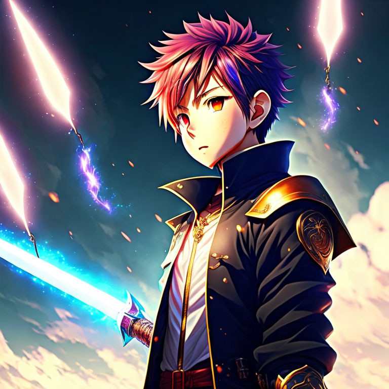 Anime style character with spiky pink hair holding a glowing blue sword under a starry sky