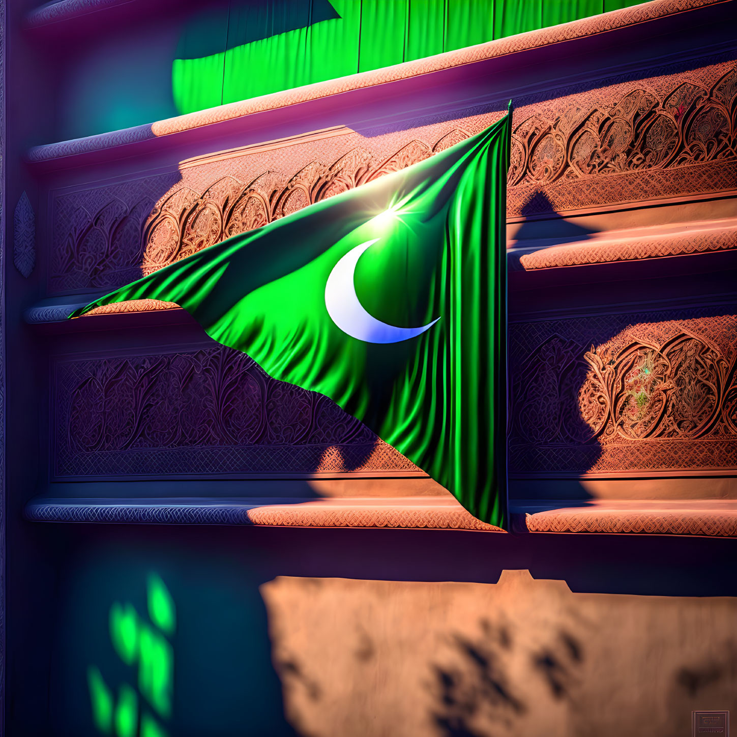 Vibrant green flag with crescent moon and star on carved wooden background in glowing light