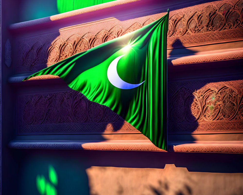 Vibrant green flag with crescent moon and star on carved wooden background in glowing light