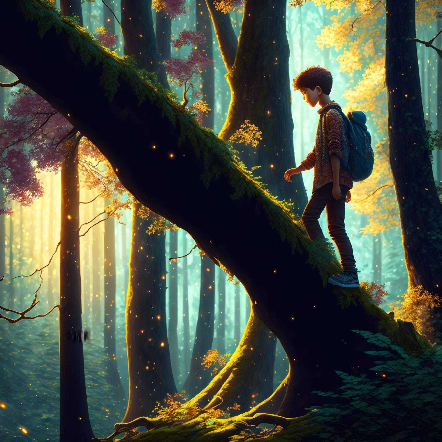 Person standing on tree trunk in mystical forest with sunlight and glowing particles.