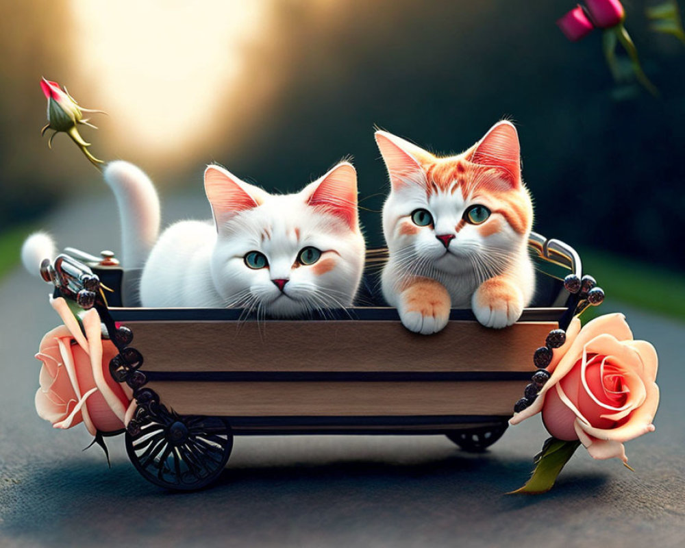 Two Kittens in Small Cart with Roses, White and Orange, Gazing Ahead