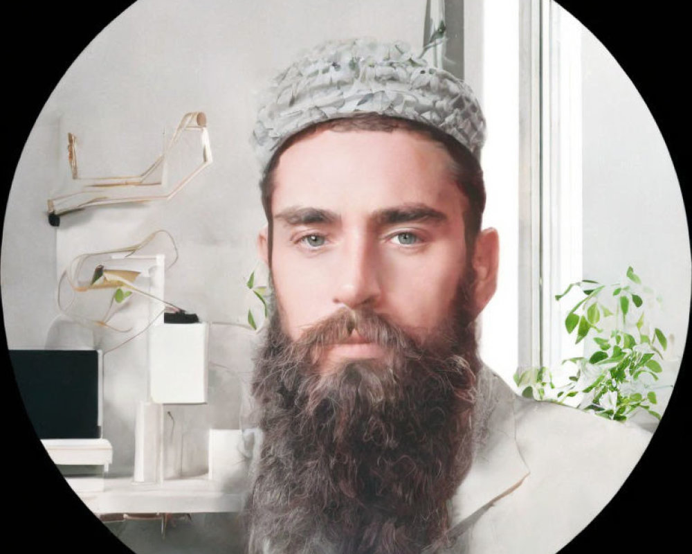 Bearded Man in Knit Cap in Monochromatic Office Setup with Plants, Books, Lamp