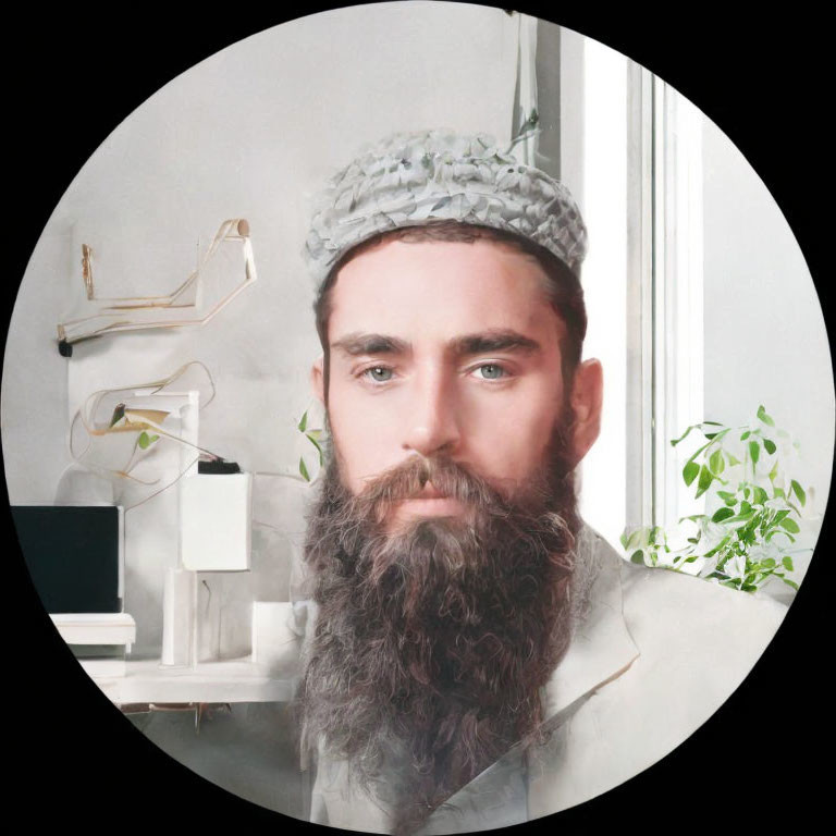 Bearded Man in Knit Cap in Monochromatic Office Setup with Plants, Books, Lamp