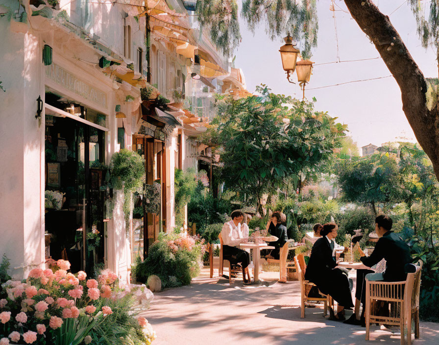 Charming outdoor café with wooden tables, lush greenery, and vintage charm