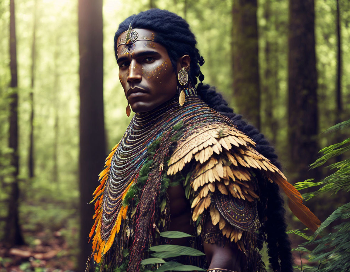 Person adorned with tribal accessories in sunlit forest