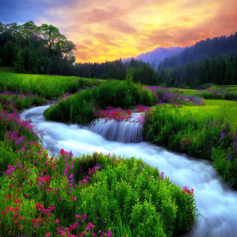 Tranquil stream in vibrant meadow at dusk