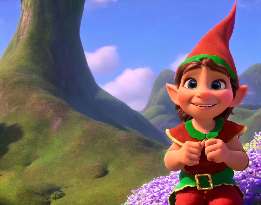 Colorful Landscape with Smiling Elf in Green Hat