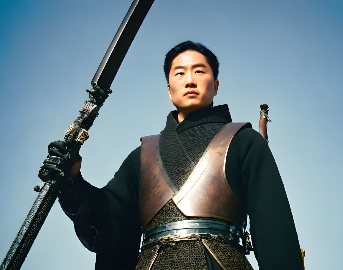 Traditional Warrior in Attire Holding Upward-Tilted Sword