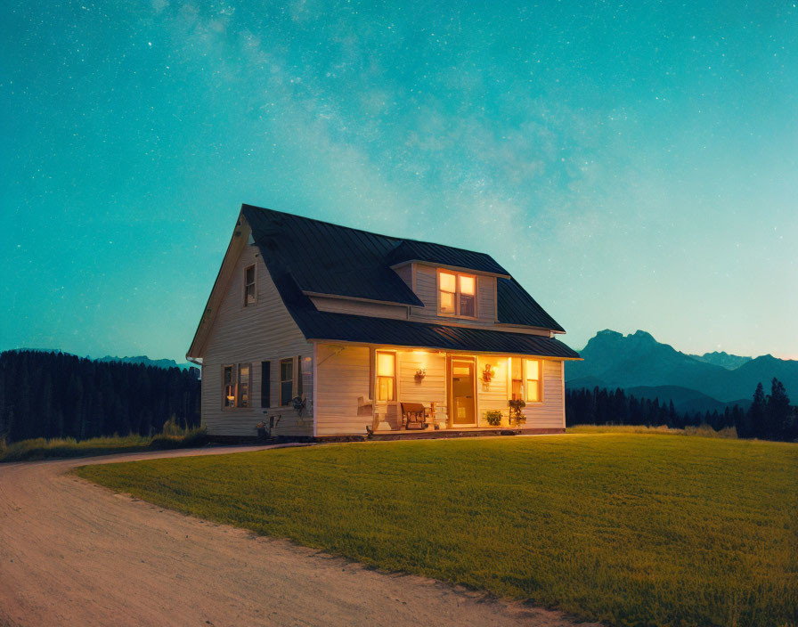 Starry sky over solitary house in twilight landscape