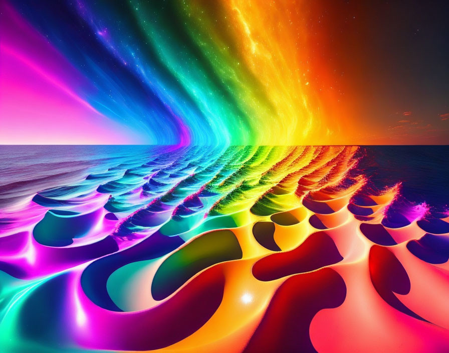 Colorful digital artwork: surreal landscape with neon waves under radiant sky