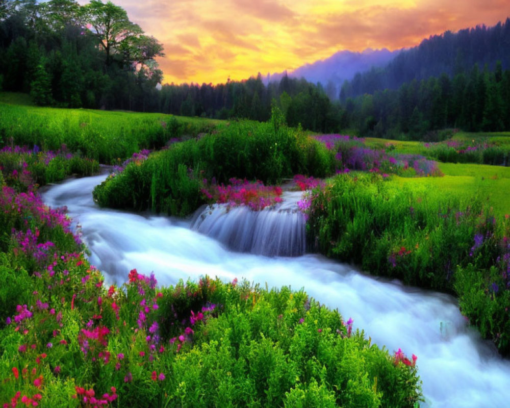 Tranquil stream in vibrant meadow at dusk