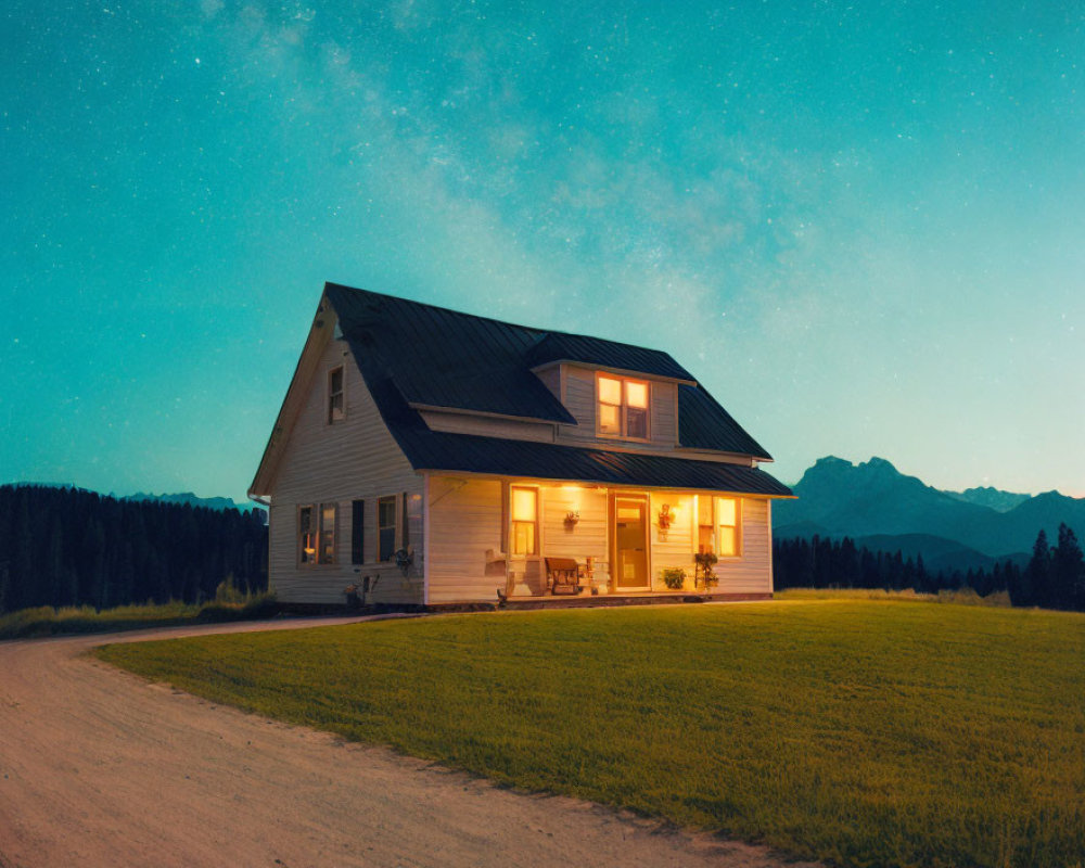 Starry sky over solitary house in twilight landscape