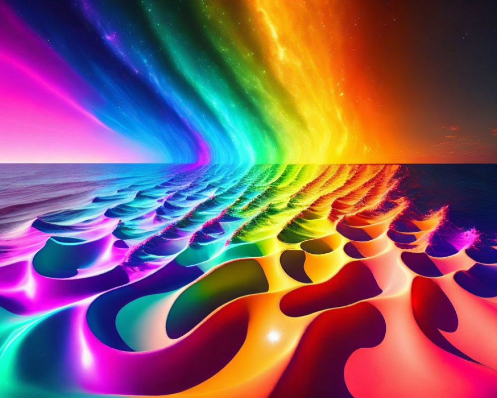 Colorful digital artwork: surreal landscape with neon waves under radiant sky