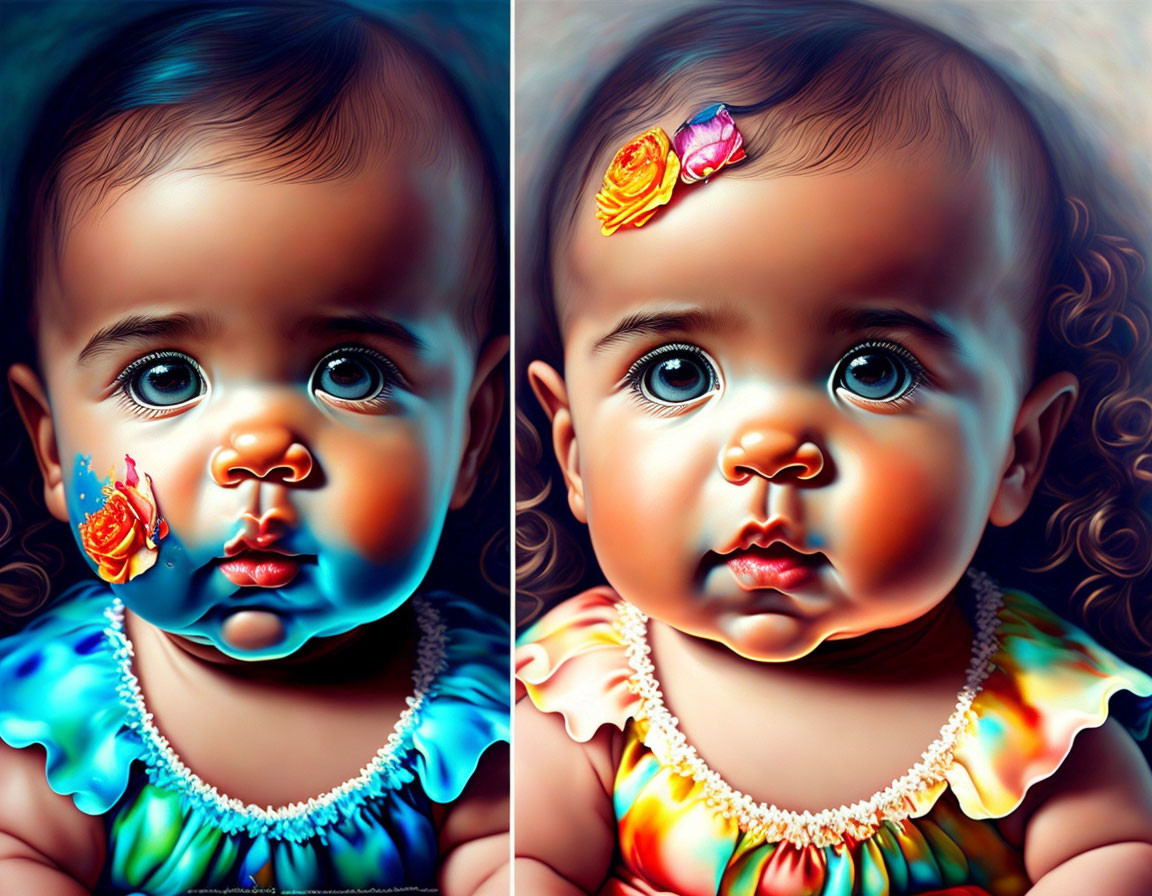 Colorful Digital Artwork: Baby with Large Eyes, Dual Expressions, and Split Backgrounds