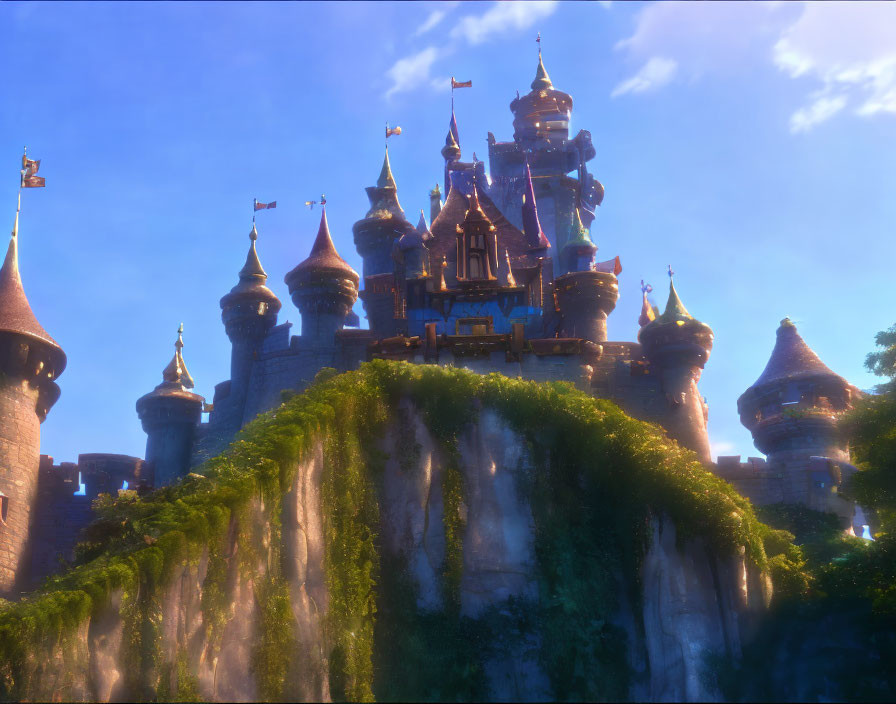 Majestic castle with spires and flags on lush, sunlit cliff