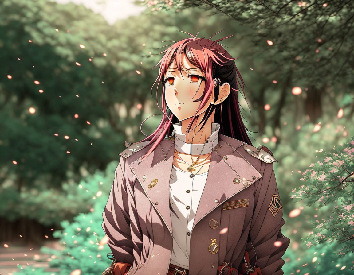 Pink-haired anime girl in military jacket in mystical forest setting.