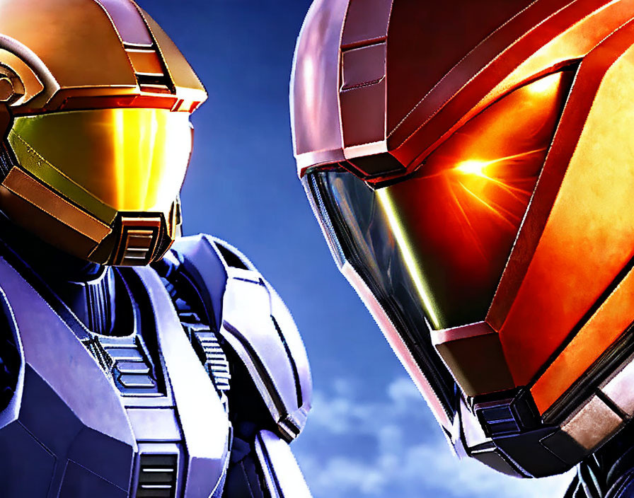 Armored sci-fi characters in confrontation under blue sky, one with glowing orange visor