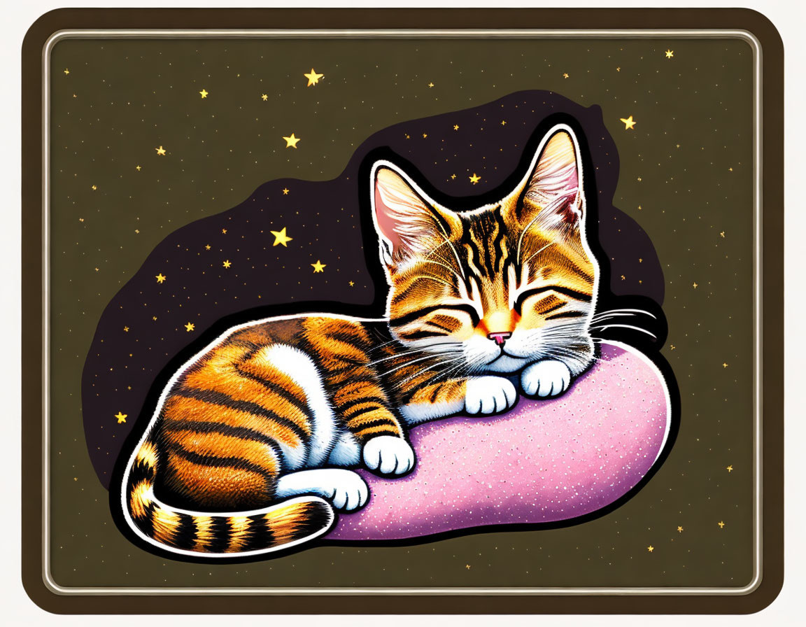 Tabby Kitten Sleeping on Pink Cloud in Starry Sky Illustration