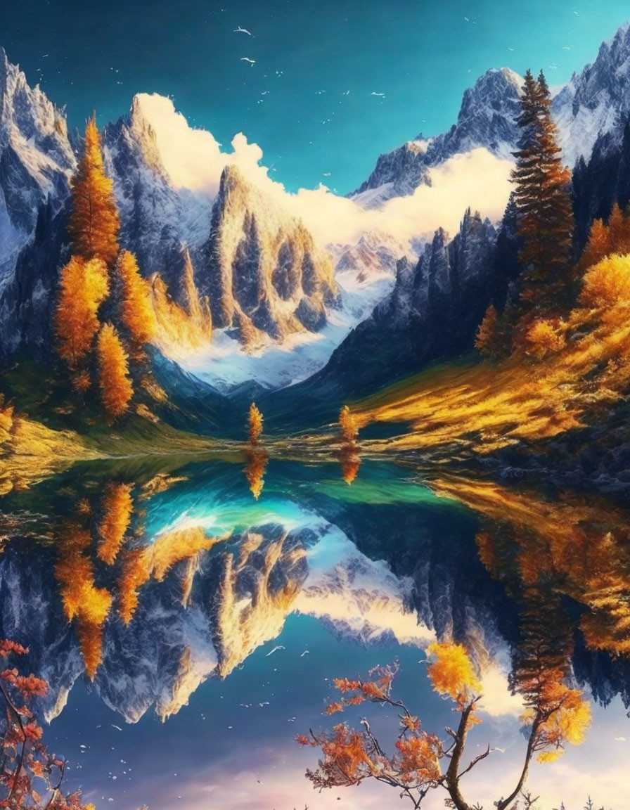 Autumn trees reflected in serene alpine lake with snow-capped mountains.