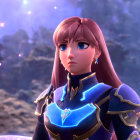 Pink-Haired Anime Character in Golden Armor Against Dusky Sky