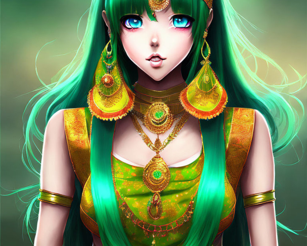 Illustrated Female Character with Green Hair and Blue Eyes in Ornate Gold Jewelry