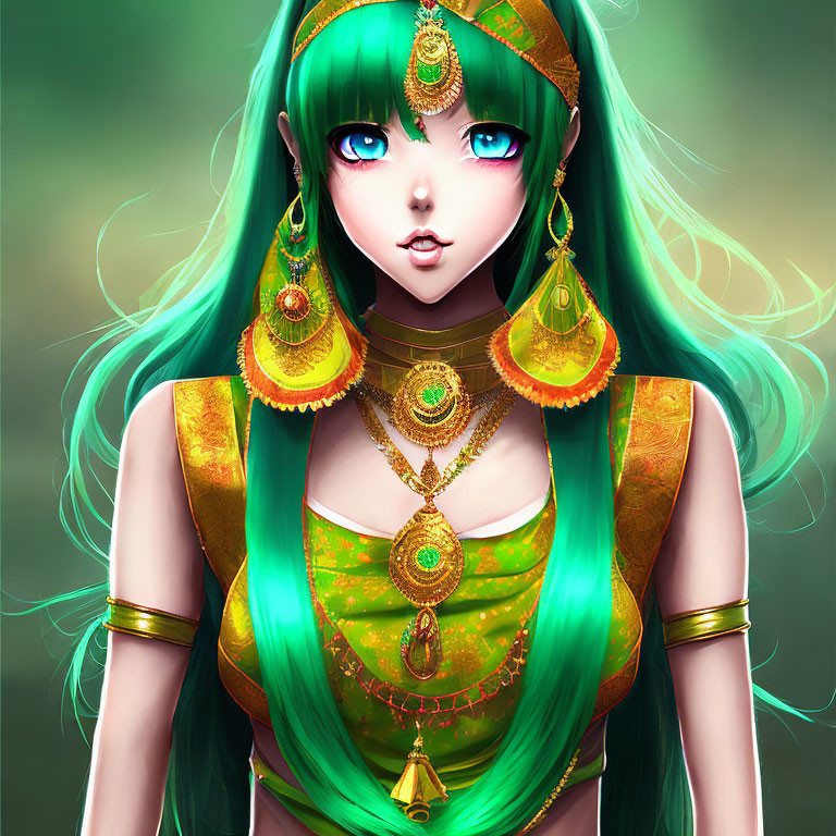 Illustrated Female Character with Green Hair and Blue Eyes in Ornate Gold Jewelry