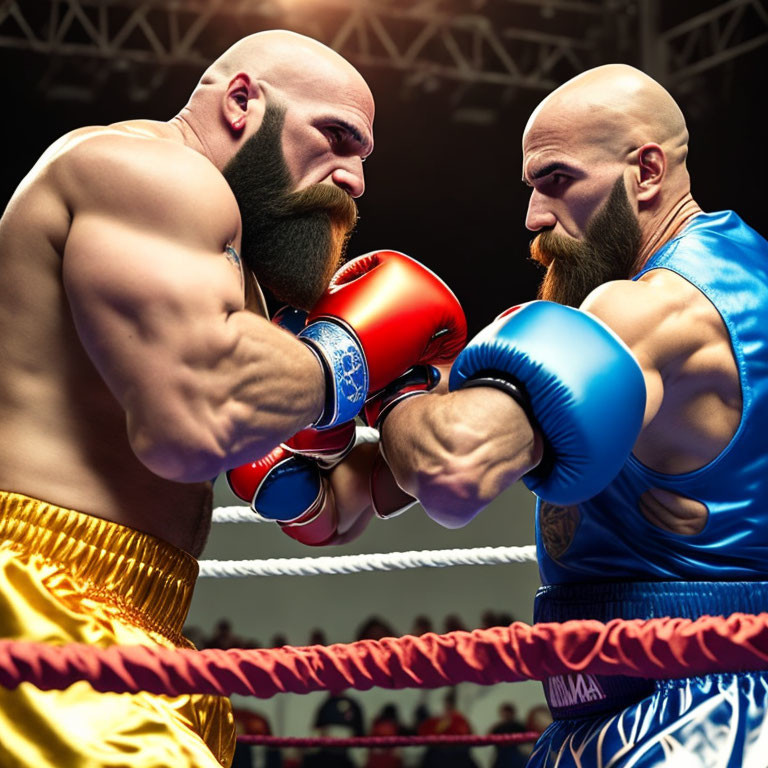 Male boxers in ring with gloves and trunks in close confrontation