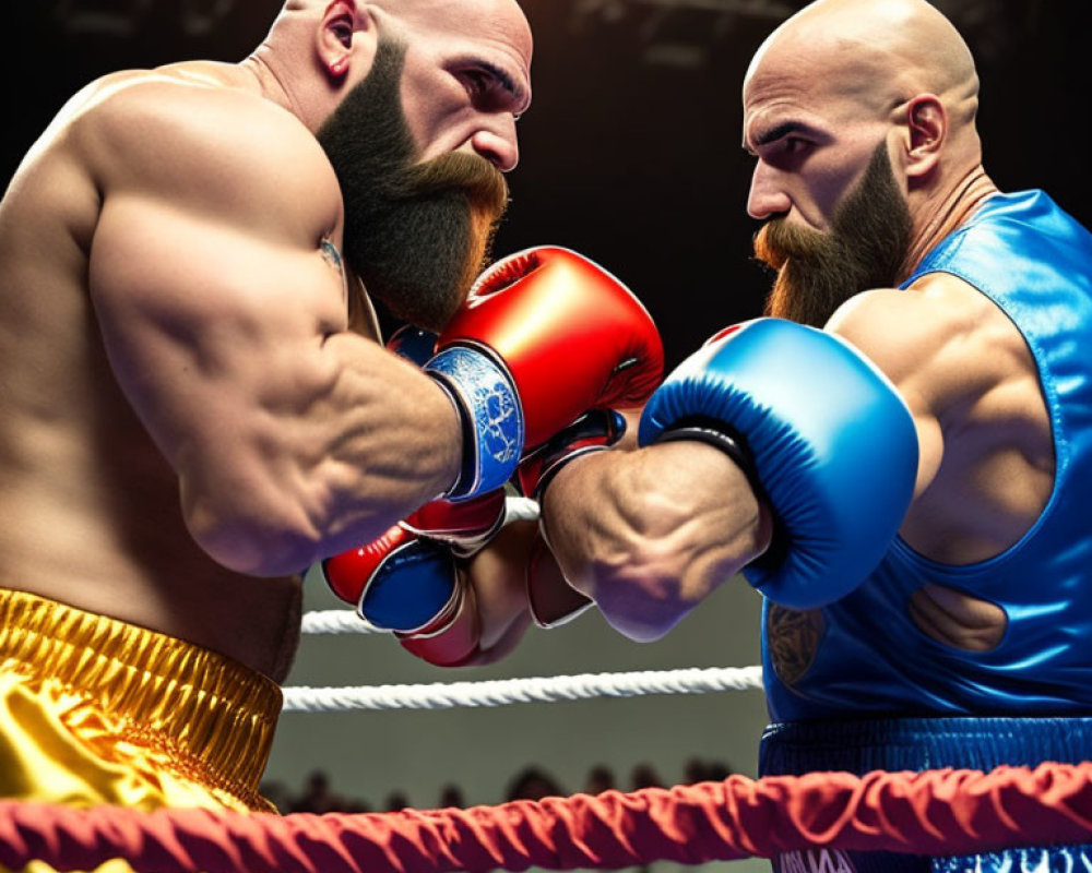 Male boxers in ring with gloves and trunks in close confrontation