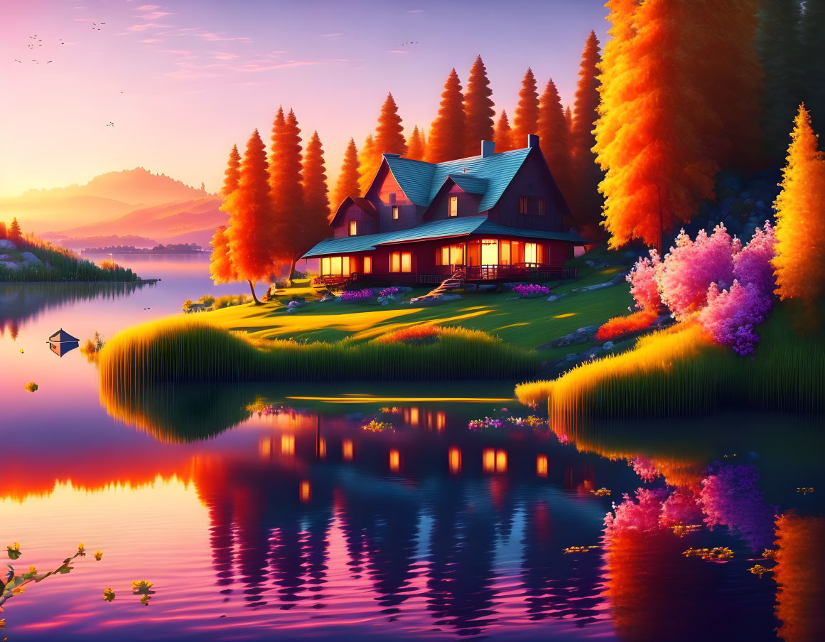 Tranquil Lakeside Sunset Scene with Colorful Trees