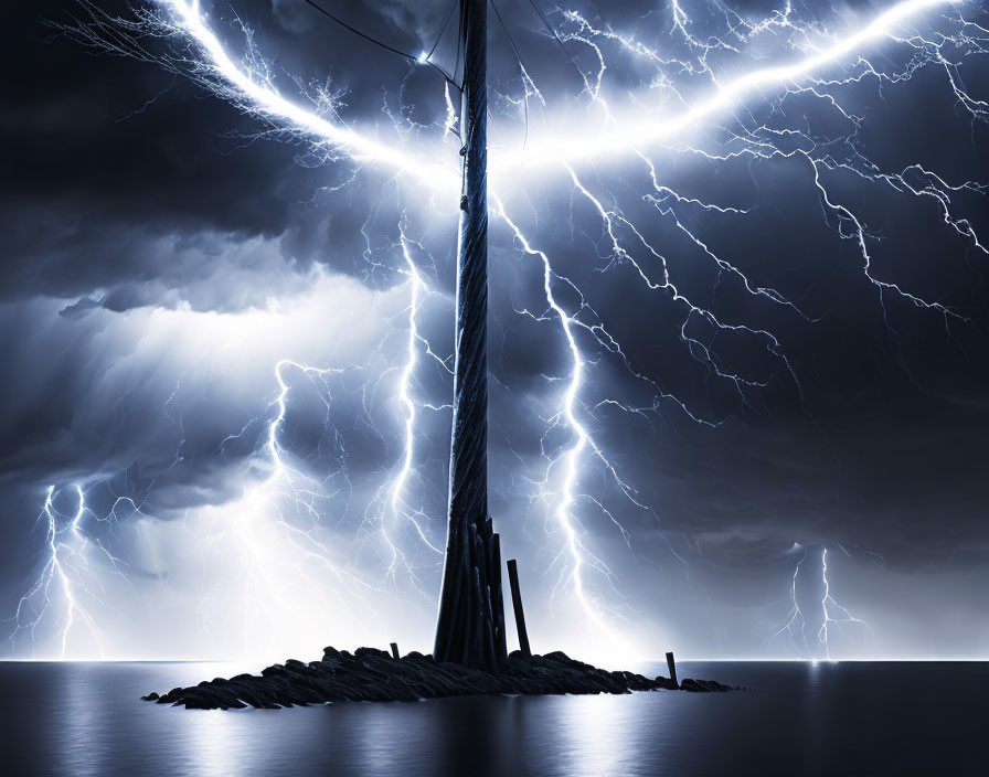 Intense lightning strikes lone mast on small island in stormy sea