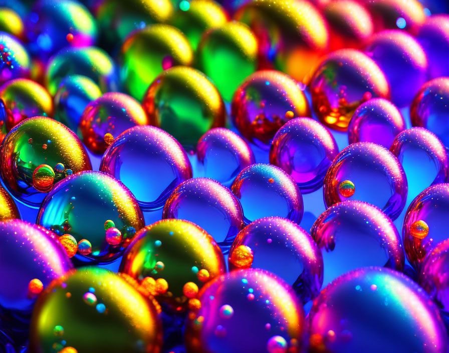 Colorful iridescent bubbles with reflections and droplets.