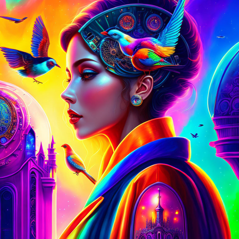 Colorful digital artwork: Woman with headpiece, birds, fantasy architecture, starlit sky