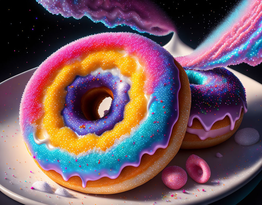 Vibrant cosmic-themed doughnuts on white plate