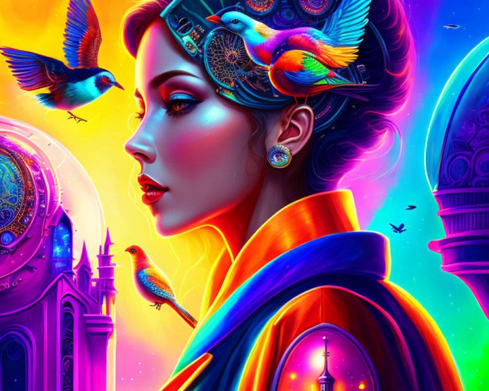 Colorful digital artwork: Woman with headpiece, birds, fantasy architecture, starlit sky