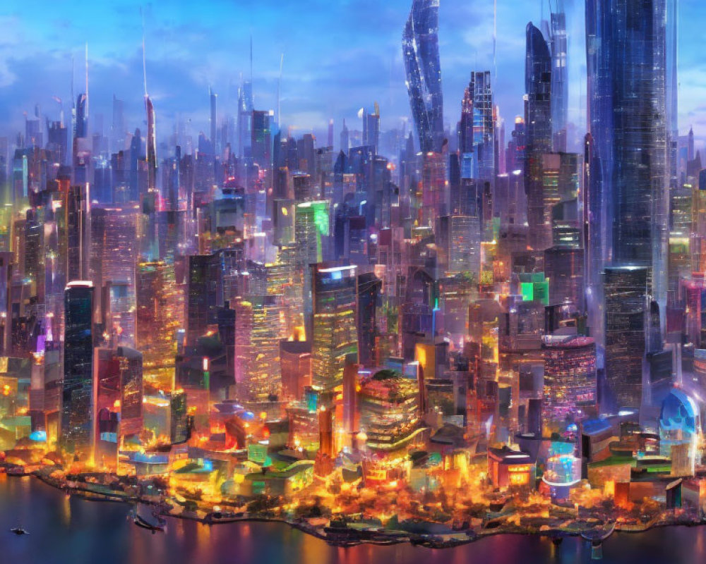 Vibrant neon-lit futuristic city skyline at dusk