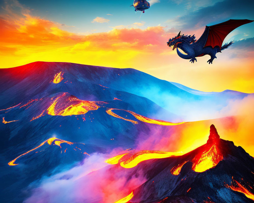 Dragon flying over vibrant volcanic landscape with molten lava flows and blimp at sunset