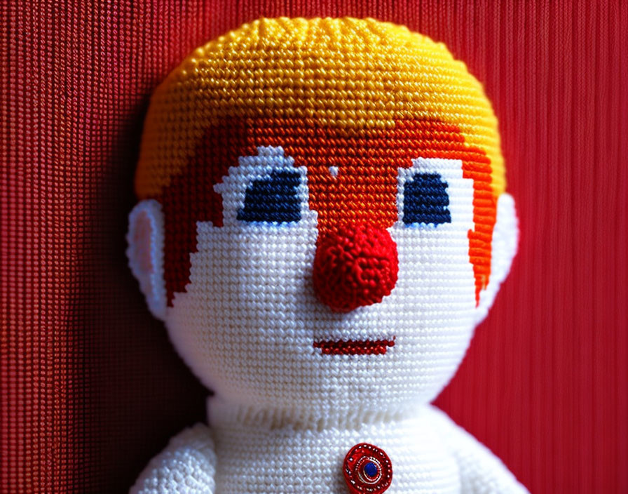 Crocheted doll with red hair and blue eyes on red background