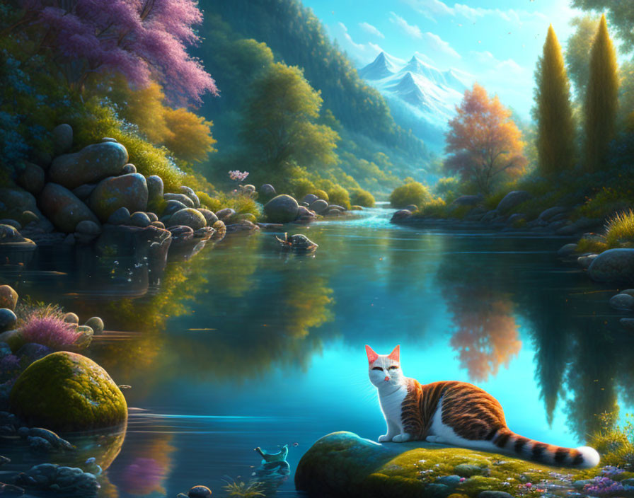 Tranquil landscape: river, colorful trees, mountains, cat on rock