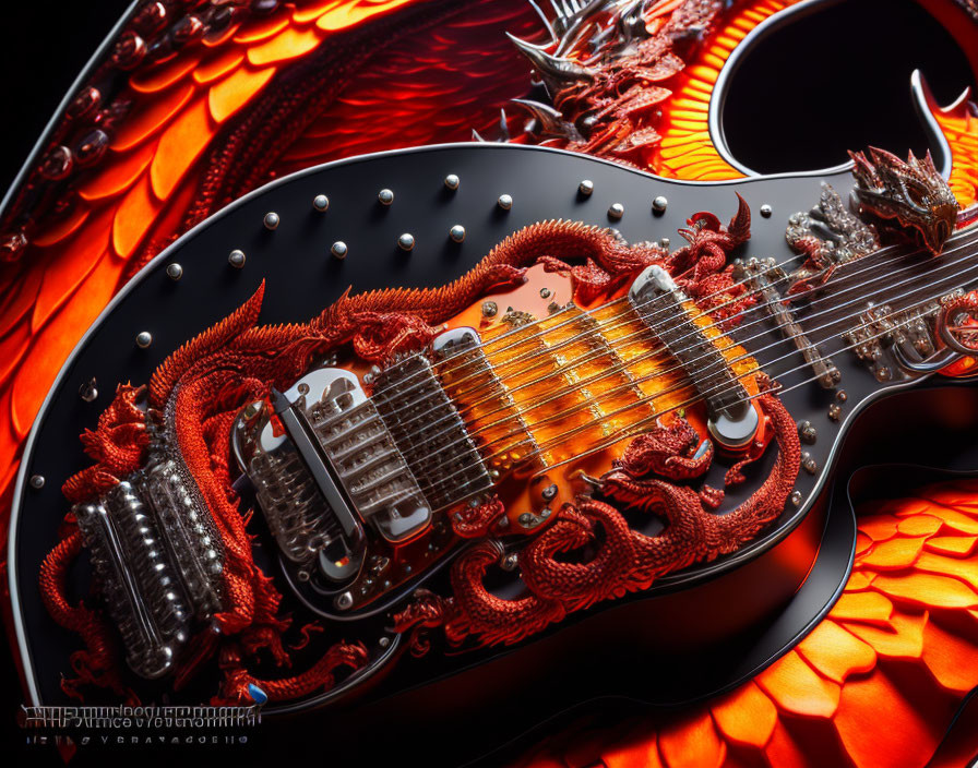 Detailed Electric Guitar with Dragon Metalwork on Fiery Red Background