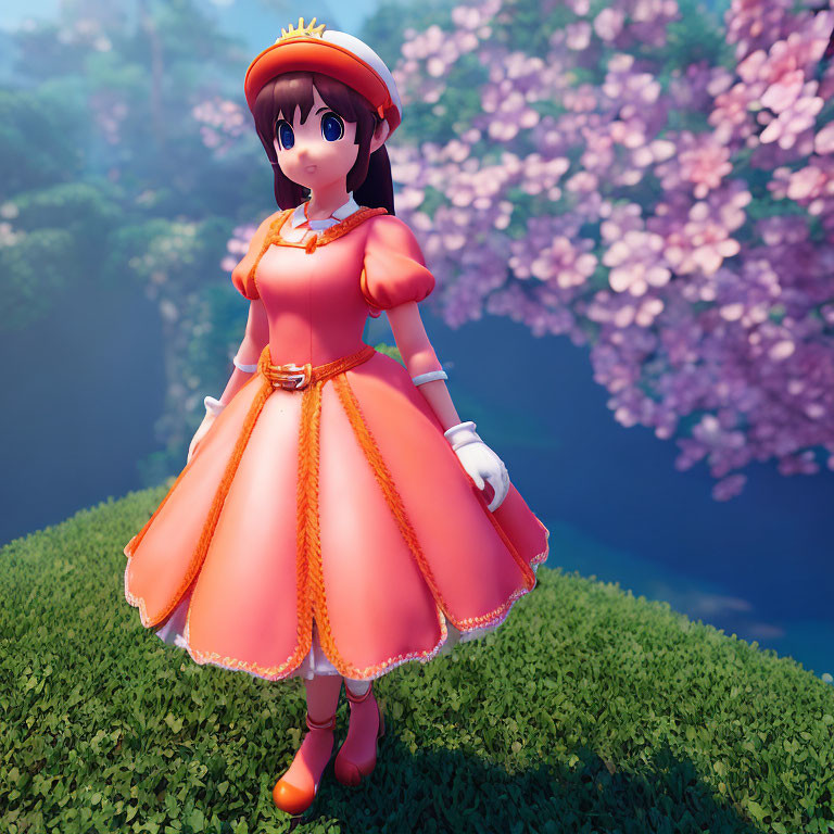 Orange Dress and Hat 3D Character Among Pink Blossoming Trees