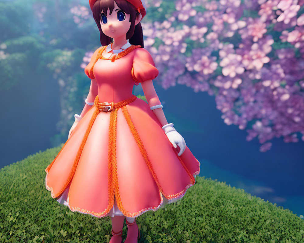 Orange Dress and Hat 3D Character Among Pink Blossoming Trees