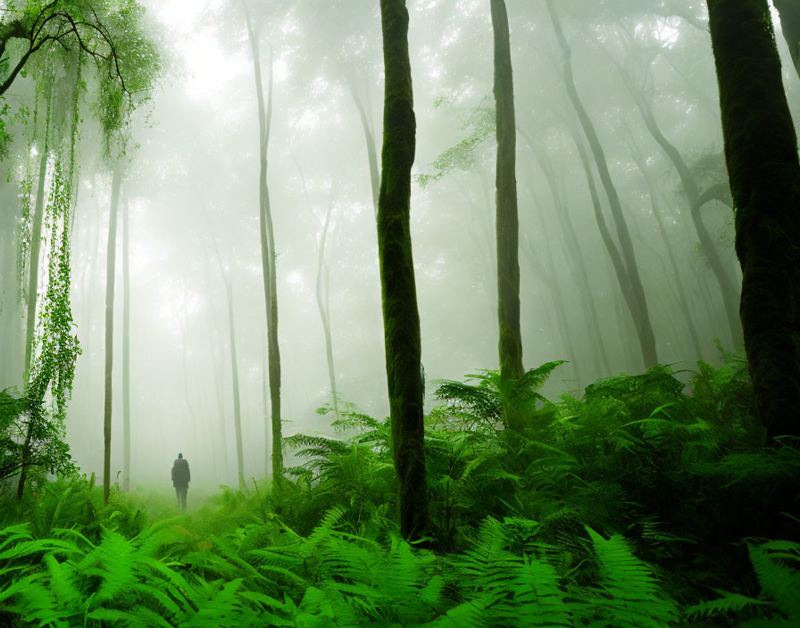 Solitary figure in misty green forest with tall trees and ferns