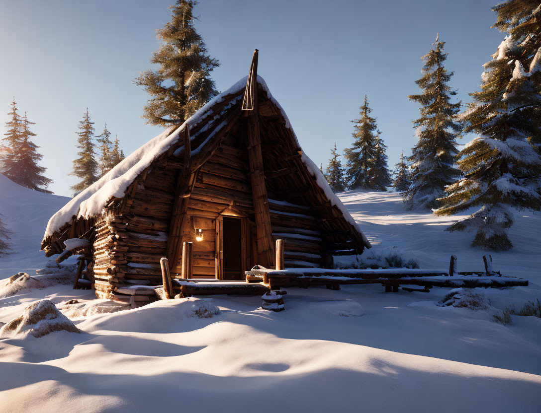 Snowy wooden cabin nestled among pine trees