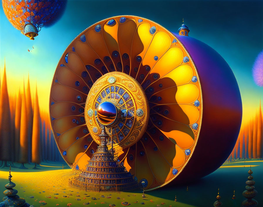 Fantastical landscape with golden wheel, floating islands, and spire-topped towers