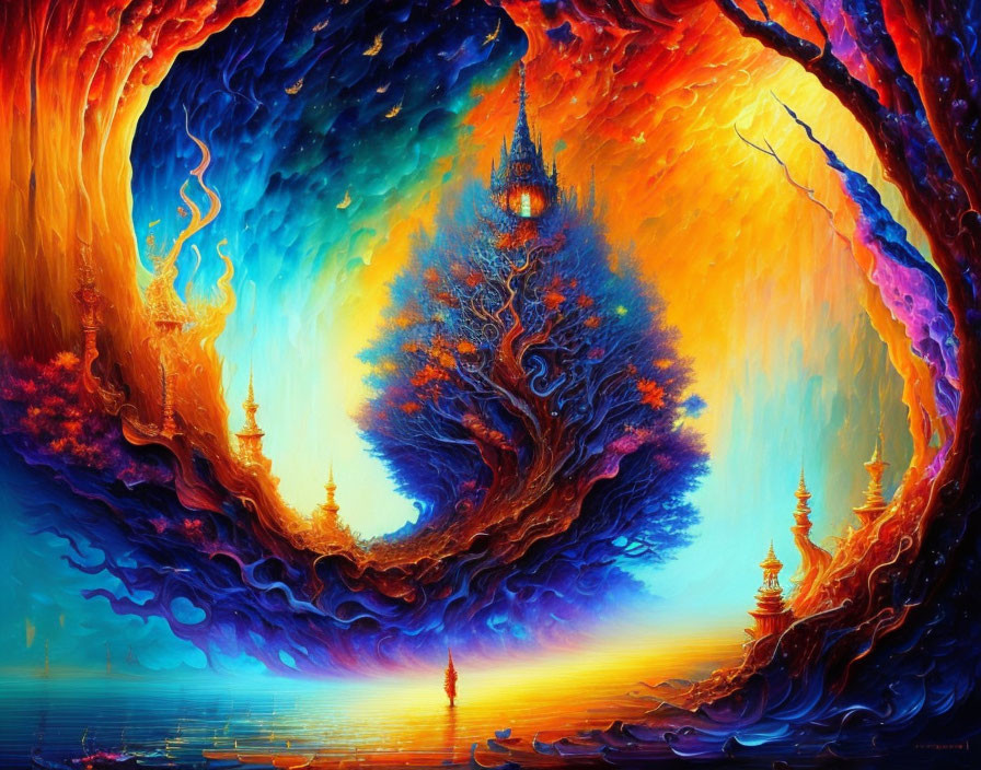 Colorful swirling vortex with tree-like structure and Eastern spires.