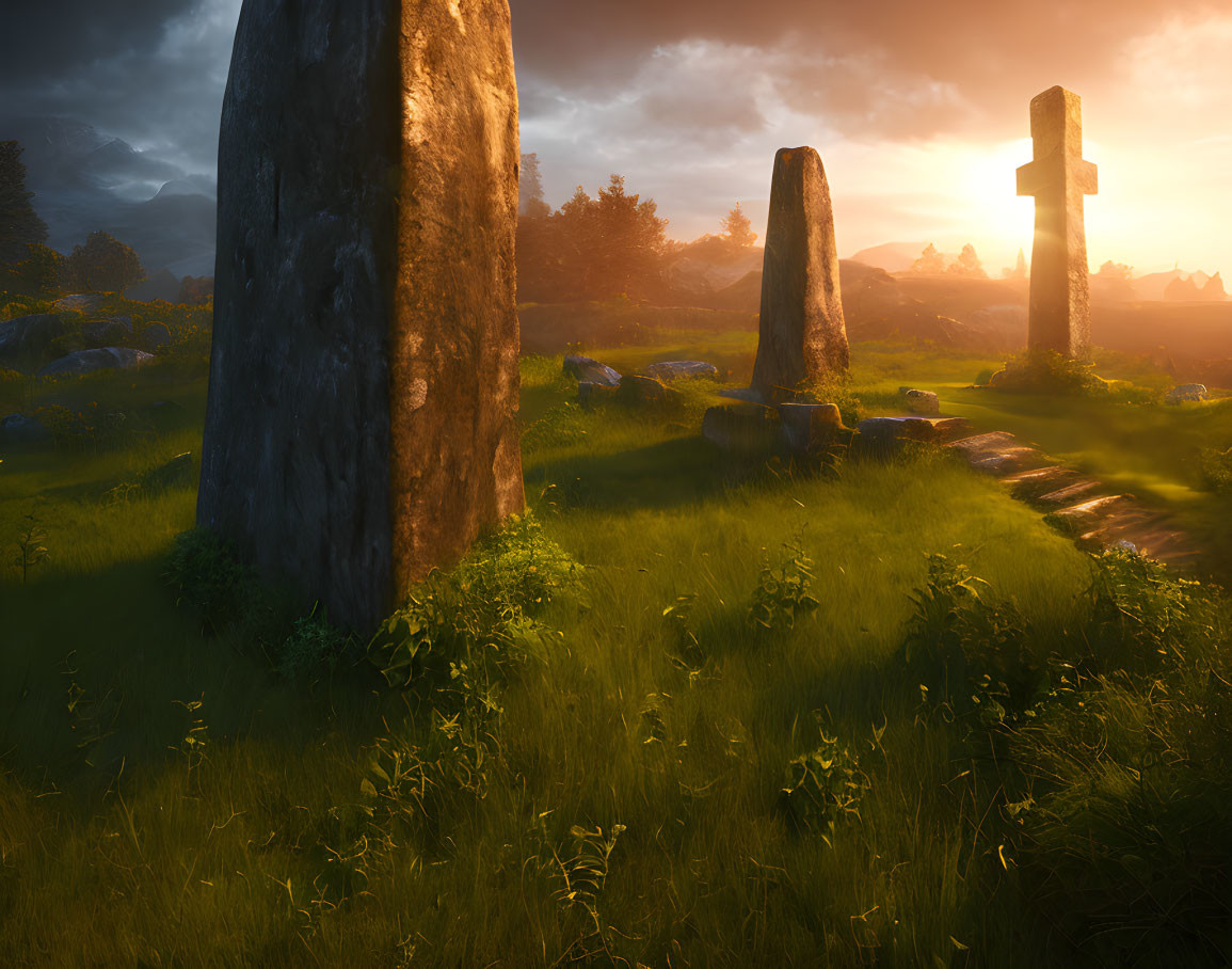 Ancient standing stones and crosses in sunset glow with mountain backdrop