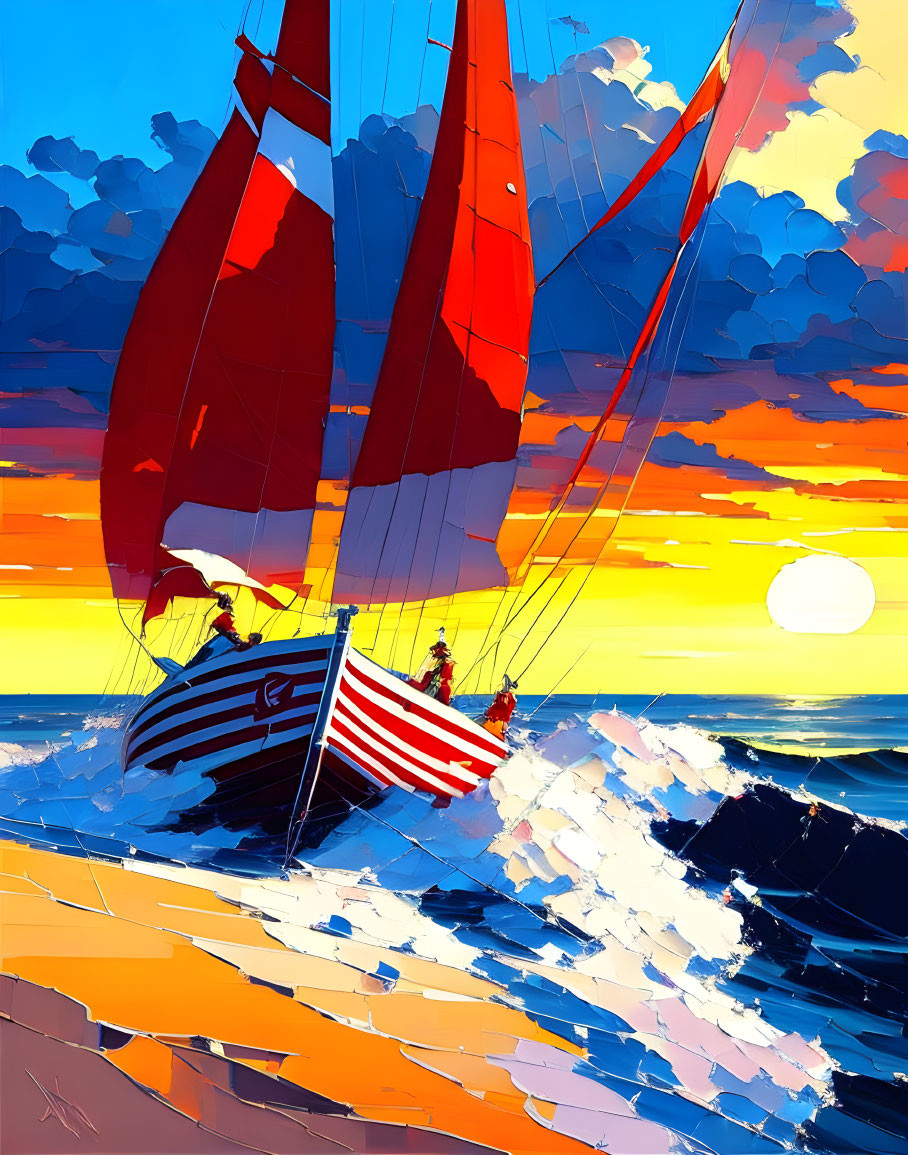 Colorful Sailboat Painting: Red Sails, Sunset Seascape