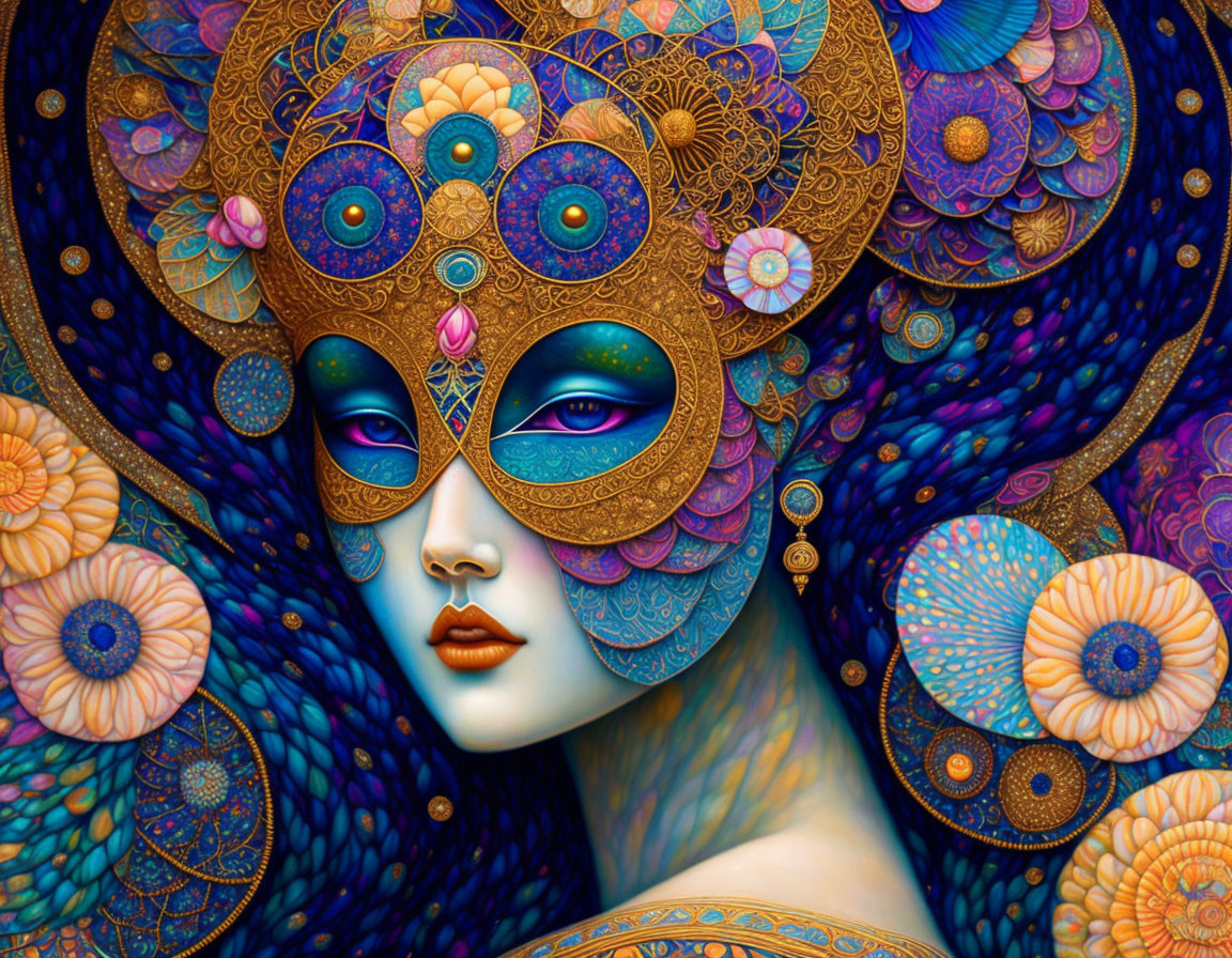 Colorful artwork of woman with mask and peacock motifs in blues and golds