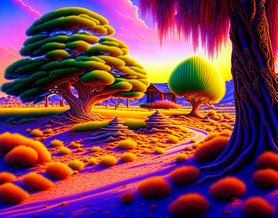 Surreal sunset landscape with rounded trees and small house